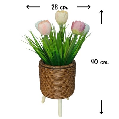ดอกทิวลิปปลอมดอกไม้ประดิษฐ์ในตะกร้าสานหวายเทียม (พลาสติก) Artificial Tulip in plastic basket