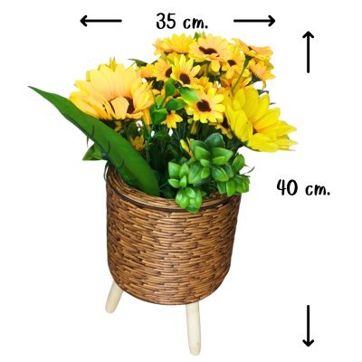 ดอกทานตะวันปลอมดอกไม้ประดิษฐ์ในตะกร้าสานขาไม้ Artificial sunflower in basket with wooden stand