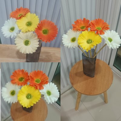 ดอกเยอบีร่าปลอมในตะกร้าสานหวายเทียม (พลาสติก)ขาไม้ Artificial gerbera