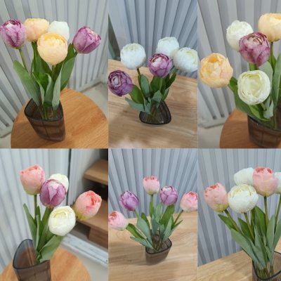 ดอกทิวลิปปลอมดอกไม้ประดิษฐ์ในตะกร้าหวาย 5 นิ้ว Artificial tulip flowers in a wicker basket.