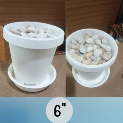 6 นิ้ว กระถางพลาสติกสีขาวทรงสูงขอบหนาพร้อมจานรอง White tall plastic pot