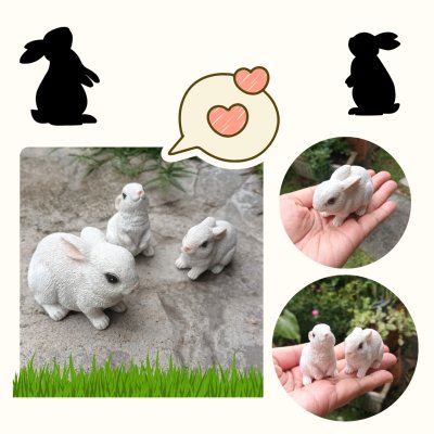 กระต่ายเรซิ่นตกแต่งสวน/บ้าน/ร้านคาเฟ่ ขนาดจิ๋ว 3 ตัว/ชุด Miniature Resin Rabbit Decoration for Garden/Home/Café - Set of 3