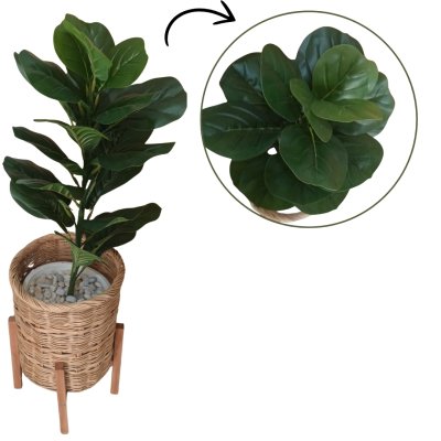 ต้นไทรใบสักปลอมในตะกร้าหวายพร้อมขาตั้งไม้ | Artificial Fiddle Leaf Fig tree