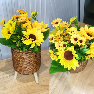 ดอกทานตะวันปลอมดอกไม้ประดิษฐ์ในตะกร้าสานขาไม้ Artificial sunflower in basket with wooden stand