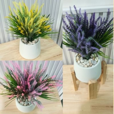 ช่อดอกลาเวนเดอร์ปลอมในกระถางเบลล่าสีขาว5นิ้ว Artificial lavender in Bella plastic pot