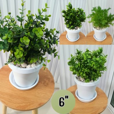 ต้นไม้ปลอมประดิษฐ์ใบเขียวกระถางขาว 6 นิ้ว Artificial green-leaf plant in a 6-inch white pot.