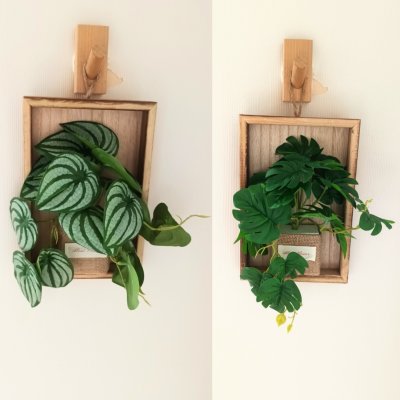 ต้นไม้เลื้อยปลอมประดิษฐ์บนกรอบไม้ artificial vine mounted on a wooden frame
