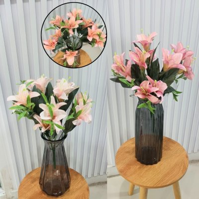 ดอกลิลลี่ปลอมดอกไม้ประดิษฐ์ 10 ดอกต่อช่อ โทนสีเดียว แจกันแก้วทรงสูง Artificial Lily flowers
