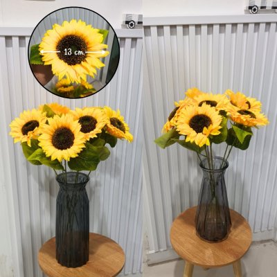 ดอกทานตะวันปลอมดอกไม้ประดิษฐ์ 6 ดอก แจกันแก้วทรงสูง Artificial Sunflowers