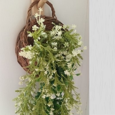 ดอกไม้เลื้อยปลอมสีขาวในตะกร้าสานแขวนผนัง Artificial white climbing flowers in a woven basket.