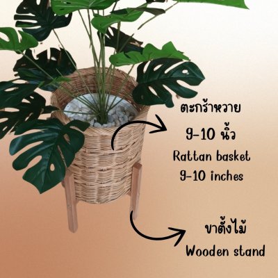 ต้นมอนสเตอร่าปลอมในตะกร้าหวาย ขาตั้งไม้ Artificial monstera plant in a wicker basket, wooden stand