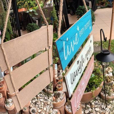 ป้ายไม้ข้อความดีตกแต่งบ้านร้านสวนสำหรับแขวน Wooden sign for home and garden decoration for hanging.