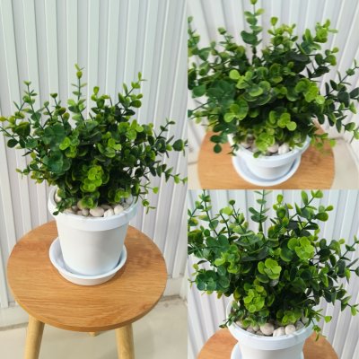 ต้นไม้ปลอมประดิษฐ์ใบเขียวกระถางขาว 6 นิ้ว Artificial green-leaf plant in a 6-inch white pot.