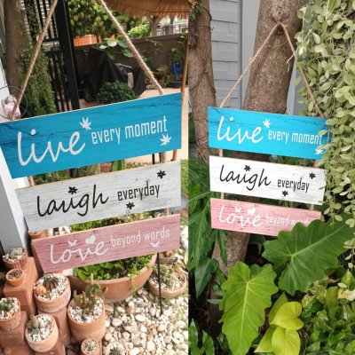 ป้ายไม้ข้อความดีตกแต่งบ้านร้านสวนสำหรับแขวน Wooden sign for home and garden decoration for hanging.