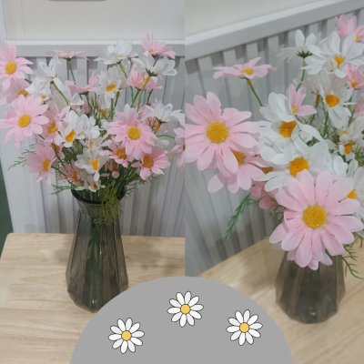 ดอกเดซี่ก้านปลอมดอกไม้ประดิษฐ์ 10 กิ่งต่อช่อ โทนสองสี แจกันแก้วทรงสูง Artificial daisy flowers