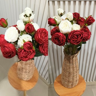 ดอกกุหลาบปลอมดอกไม้ประดิษฐ์ 5 กิ่งต่อช่อ แจกันหวายทรงสูง Artificial rose flowers