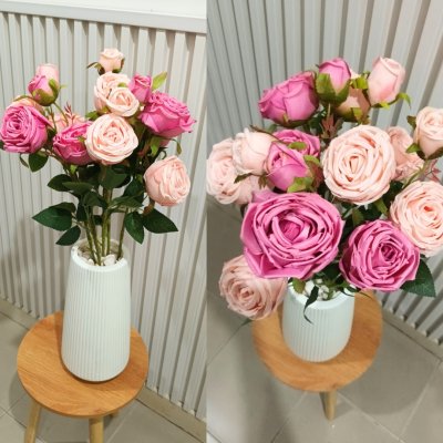 ดอกกุหลาบปลอมดอกไม้ประดิษฐ์ 5 กิ่งต่อช่อ แจกันพลาสติกสีขาวทรงสูง Artificial rose flowers