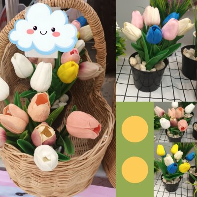 ดอกทิวลิปปลอมงาน PU ในกระถางพลาสติกสีดำ4นิ้วและถุงผ้าป่าน