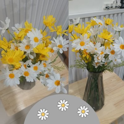ดอกเดซี่ก้านปลอมดอกไม้ประดิษฐ์ 10 กิ่งต่อช่อ โทนสองสี แจกันแก้วทรงสูง Artificial daisy flowers