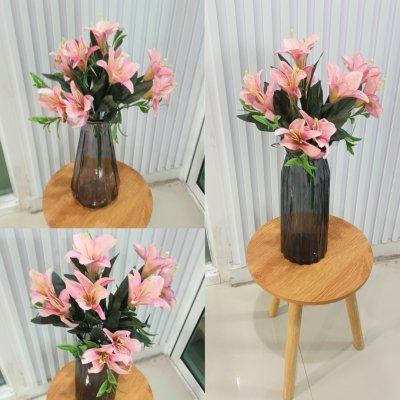ดอกลิลลี่ปลอมดอกไม้ประดิษฐ์ 10 ดอกต่อช่อ โทนสีเดียว แจกันแก้วทรงสูง Artificial Lily flowers