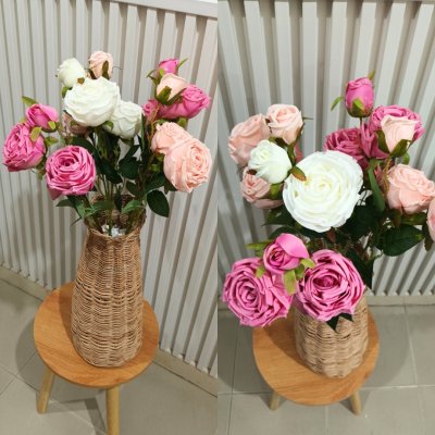 ดอกกุหลาบปลอมดอกไม้ประดิษฐ์ 5 กิ่งต่อช่อ แจกันหวายทรงสูง Artificial rose flowers