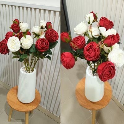 ดอกกุหลาบปลอมดอกไม้ประดิษฐ์ 5 กิ่งต่อช่อ แจกันพลาสติกสีขาวทรงสูง Artificial rose flowers