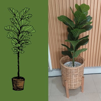 ต้นไทรใบสักปลอมในตะกร้าหวายพร้อมขาตั้งไม้ | Artificial Fiddle Leaf Fig tree