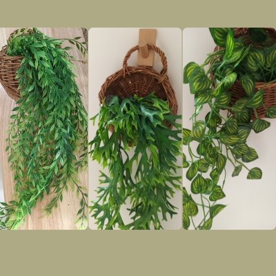 ต้นไม้เลื้อยปลอมประดิษฐ์ในตะกร้าหวายแขวนผนัง Artificial climbing plant in a wicker basket.