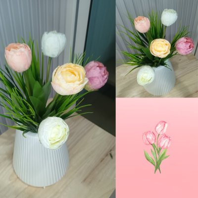 ช่อดอกทิวลิปปลอมในแจกันพลาสติกสีขาว Artificial tulip in a white plastic vase