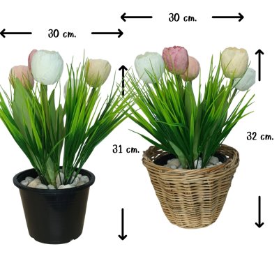 ดอกทิวลิปปลอมดอกไม้ประดิษฐ์ในตะกร้าหวาย 5 นิ้ว Artificial tulip flowers in a wicker basket.