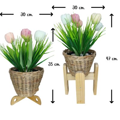 ดอกทิวลิปปลอมดอกไม้ประดิษฐ์ในตะกร้าหวาย 5 นิ้ว Artificial tulip flowers in a wicker basket.