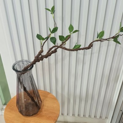 กิ่งไม้ใบไม้ปลอมประดิษฐ์แจกันแก้ว Artificial branches and leaves in a glass vase.