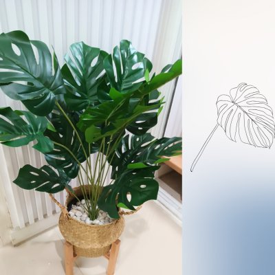 ต้นมอนสเตอร่าปลอมขนาดใหญ่เหมือนจริง Artificial / Fake Monstera plantket, wooden stand