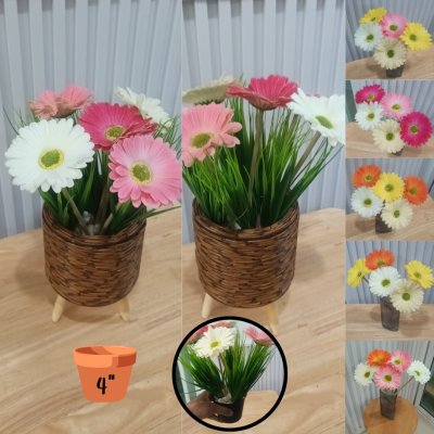 ดอกเยอบีร่าปลอมในตะกร้าสานหวายเทียม (พลาสติก)ขาไม้ Artificial gerbera