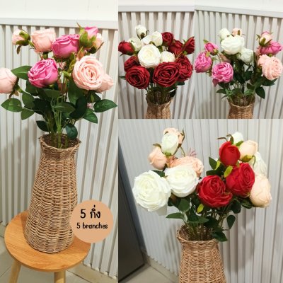 ดอกกุหลาบปลอมดอกไม้ประดิษฐ์ 5 กิ่งต่อช่อ แจกันหวายทรงสูง Artificial rose flowers