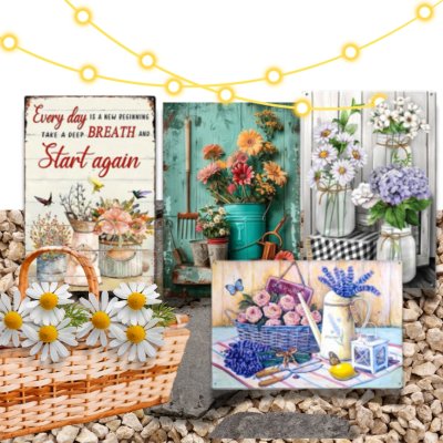 ป้ายสังกะสีวินเทจลายดอกไม้ 6 ลาย Vintage Metal Sign with Floral Design 6 Patterns