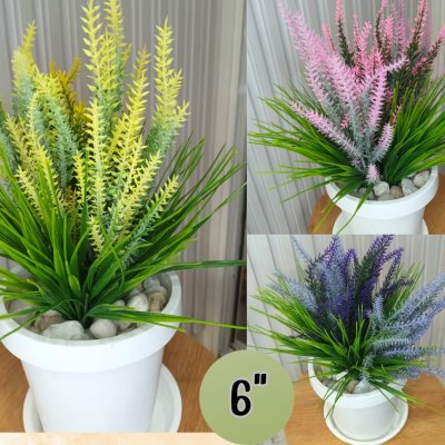 ช่อดอกลาเวนเดอร์ปลอมในกระถางพลาสติกสีขาว6นิ้วพร้อมจานรอง Artificial lavender in plastic pot