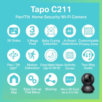 TP-Link กล้องวงจรปิด รุ่น Tapo C200 / C210 / C211 / C220 / C225 / C500 WI-FI IP-CAMERA (ประกัน2ปี)