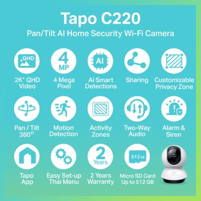 TP-Link กล้องวงจรปิด รุ่น Tapo C200 / C210 / C211 / C220 / C225 / C500 WI-FI IP-CAMERA (ประกัน2ปี)