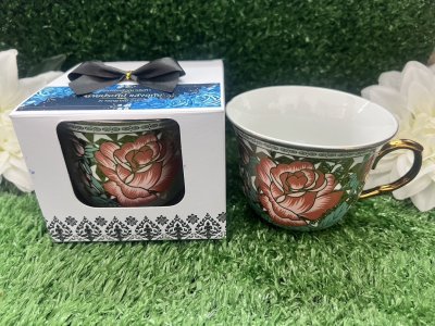 ของชำร่วยงานศพแก้วกาแฟลายดอกไม้ขอบทองพร้อมกล่อง