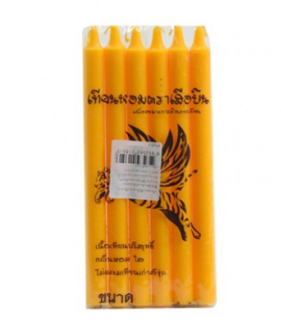 เทียน 6*6 ซองยาว เหลืองA เสือบิน 12ชิ้น/แพ็ค ราคา10บาท