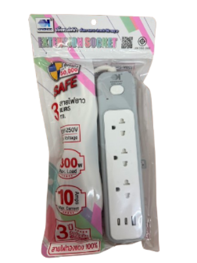 K-6056#ปลั๊กพ่วงไฟฟ้าสวิตช์เดี่ยว 3ช่อง+2+USB 3M