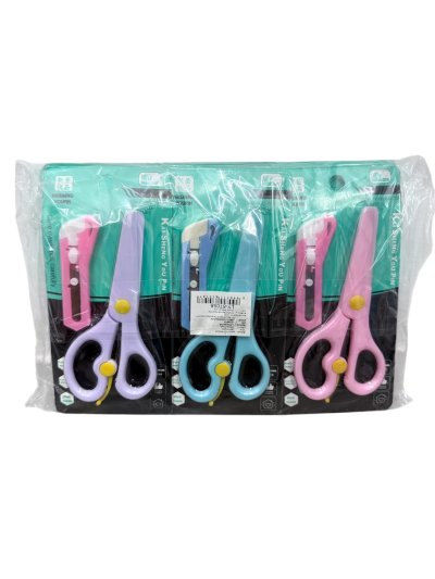 LY87058#กรรไกรพลาสติก+คัตเตอร์ คละสี 12 ชิ้น /โหล ราคา 10 บาท