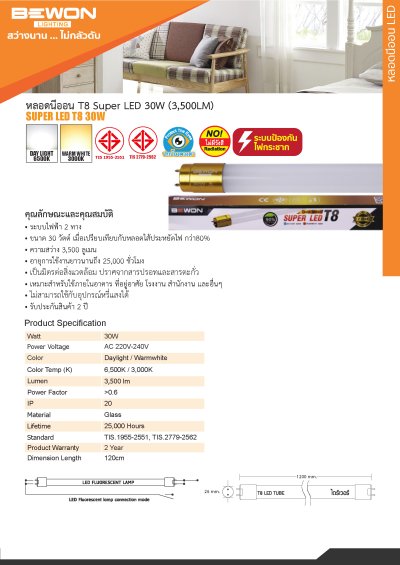 หลอดไฟ LED T8 Gold Series ขนาด 30W Bewon หลอดไฟ LED T8 Gold Series ขนาด 30W Bewon