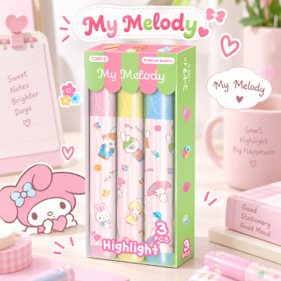 CODE:D เซตไฮไลท์ Sanrio เซต 3 ด้าม สีสันพาสเทลน่ารัก มาพร้อมลวดลาย Sanrio คิตตี้ มายเมโลดี้