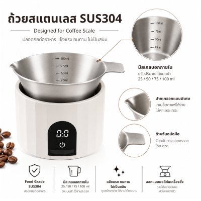 ETZEL เครื่องชั่งเมล็ดกาแฟดิจิตอล พร้อมถ้วยสแตนเลส Coffee Scale with Cup ความละเอียด 0.1g ชั่งกาแฟ ตาชั่งดิจิตอล