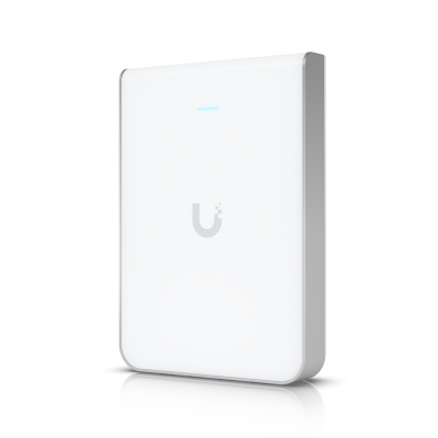 U6-IW : Wall-mounted WiFi 6 AP with 6 spatial streams and a built-in 4-port switch ideal for single-room coverage in hospitality environments