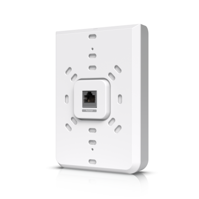 U6-IW : Wall-mounted WiFi 6 AP with 6 spatial streams and a built-in 4-port switch ideal for single-room coverage in hospitality environments