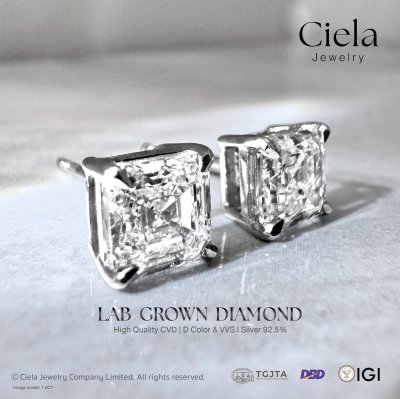 ต่างหูเพชรเม็ดเดี่ยว Asscher Cut Sqaure Emerald เพชร Lab Grown CVD น้ำ 100 VVS2 EXEX Certificate IGI Ciela Jewelry