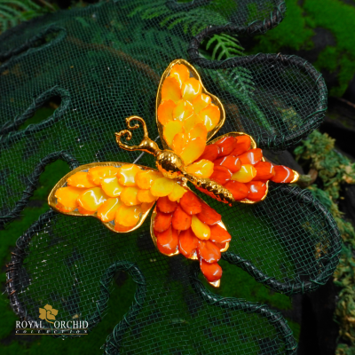 Clear-coated  zinnia petel flower butterfly  brooch.